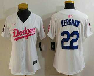 Womens Los Angeles Dodgers #22 Clayton Kershaw White Pink With Patch Limited Stitched Jersey